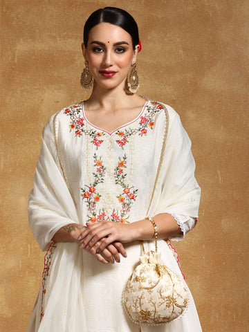 Varanga Women Floral Motif Thread Embroidered Yoke Kurta with Trouser & Dupatta